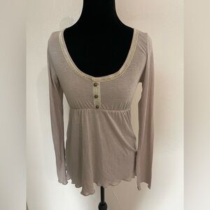 Anama Beige Long Sleeve Henley Top with Velvet Trim - Sz S